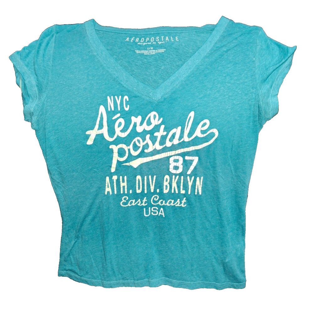 Juniors NYC Aeropostale 87 Ath. Div. Bklyn East Short Sleeve Shirt Large Teal